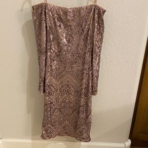 NWT BCBG Off-shoulder nude with Rose Gold sequins dress